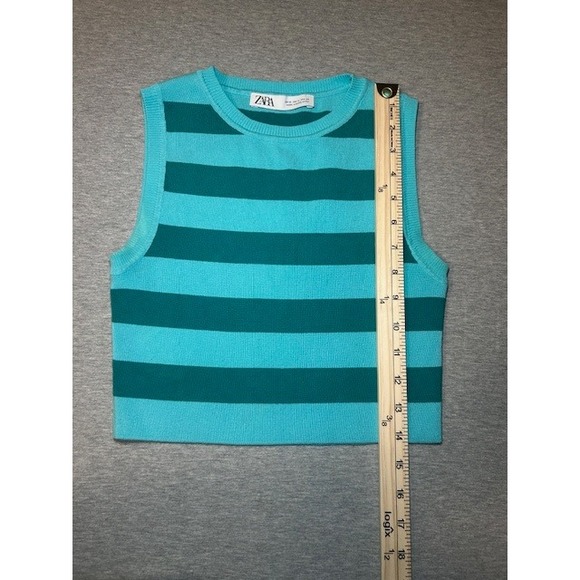 ZARA Women's Striped Sleeveless Knit Crop Top Blue Teal Size Medium - Picture 2 of 9